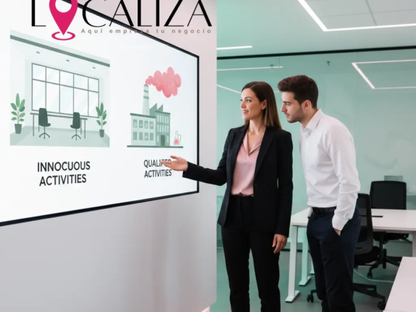 Profesional explicando la diferencia entre actividades inocuas y calificadas a un cliente en Sanlúcar de Barrameda