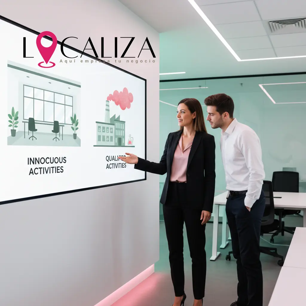 Profesional explicando la diferencia entre actividades inocuas y calificadas a un cliente en Sanlúcar de Barrameda