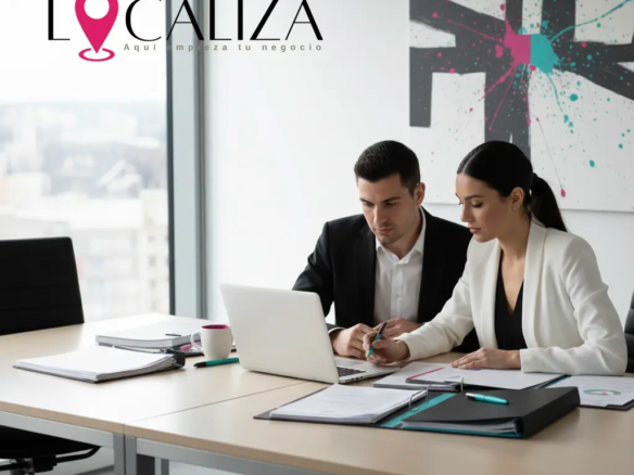 Profesionales revisando un contrato de traspaso de negocio en una oficina moderna en Sanlúcar de Barrameda