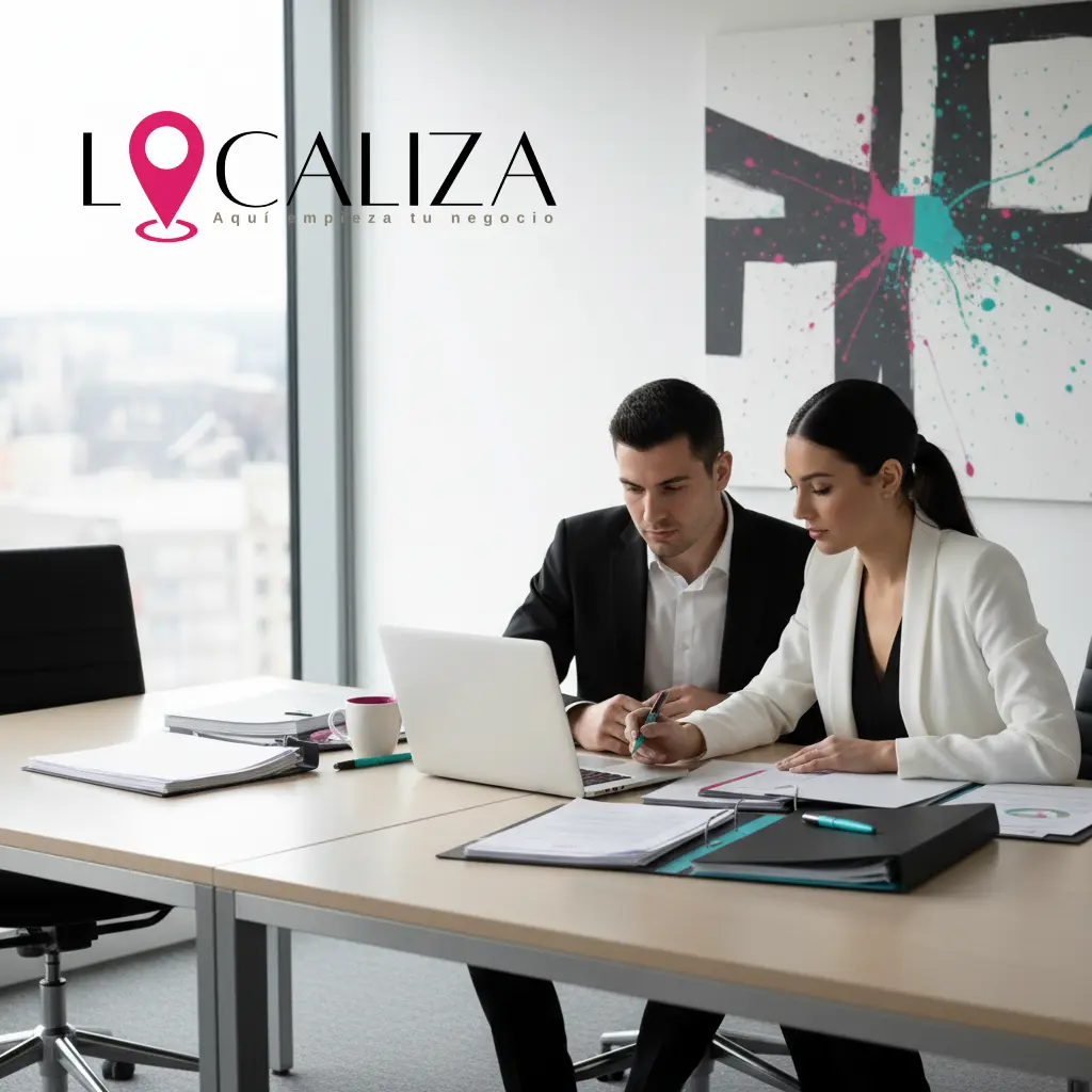 Profesionales revisando un contrato de traspaso de negocio en una oficina moderna en Sanlúcar de Barrameda