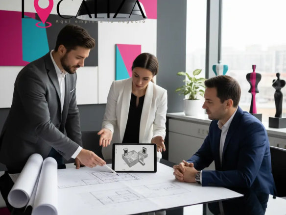 Ingeniero revisando planos de instalación de salida de humos con cliente en Sanlúcar de Barrameda