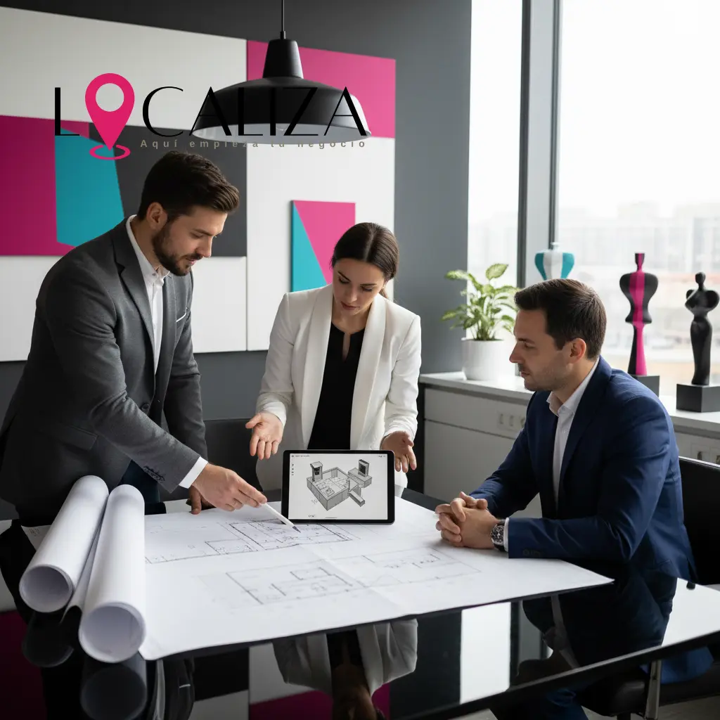 Ingeniero revisando planos de instalación de salida de humos con cliente en Sanlúcar de Barrameda