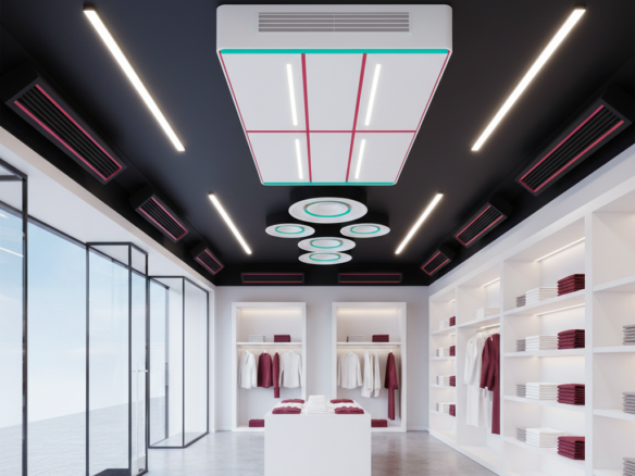 Instalación de sistema de climatización y ventilación en un local comercial moderno en Sanlúcar de Barrameda, garantizando un ambiente confortable y saludable.