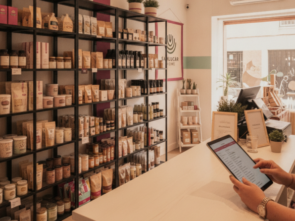 Persona revisando el inventario de stock en una tienda de retail en traspaso en Sanlúcar de Barrameda, con productos en estanterías y un ambiente ordenado