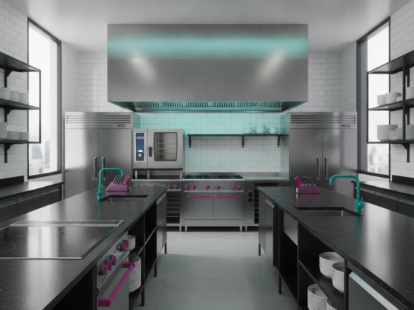Interior de una cocina comercial moderna y limpia, con superficies de acero inoxidable y azulejos blancos, representando zonas húmedas funcionales en un local de Sanlúcar de Barrameda.