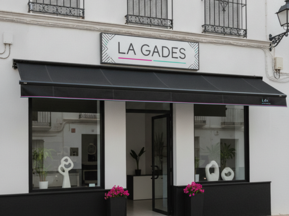 Fachada de un local comercial con rótulo y toldo en Sanlúcar de Barrameda