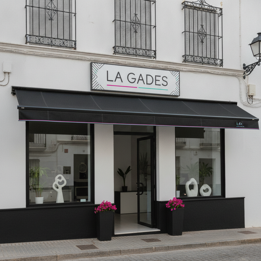 Fachada de un local comercial con rótulo y toldo en Sanlúcar de Barrameda